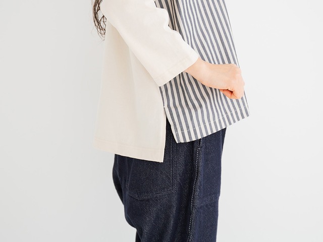 プリット prit 47/2サイロプレミアム天竺×ブロードストライプパッチワーク切替7分袖ビッグPO(P91255)全3色