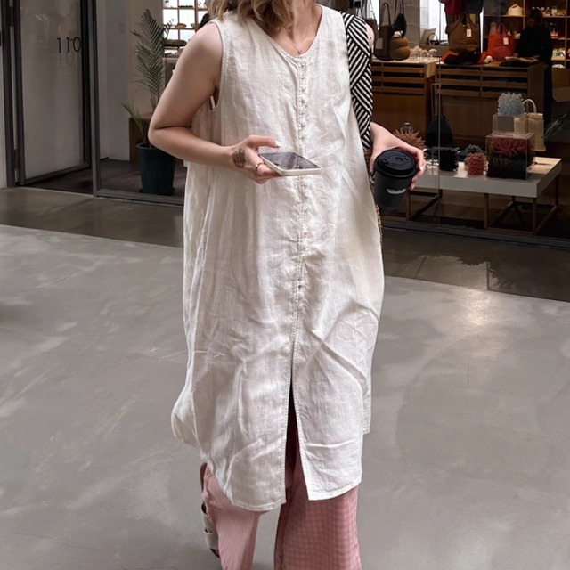 Vネック ロング シャツワンピース ノースリーブ  3color 00081