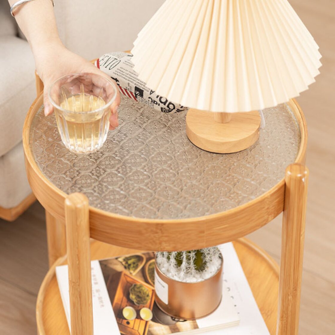 3段】ラウンド 円形 サイドテーブル ガラス天板 ベッドサイドテーブル 