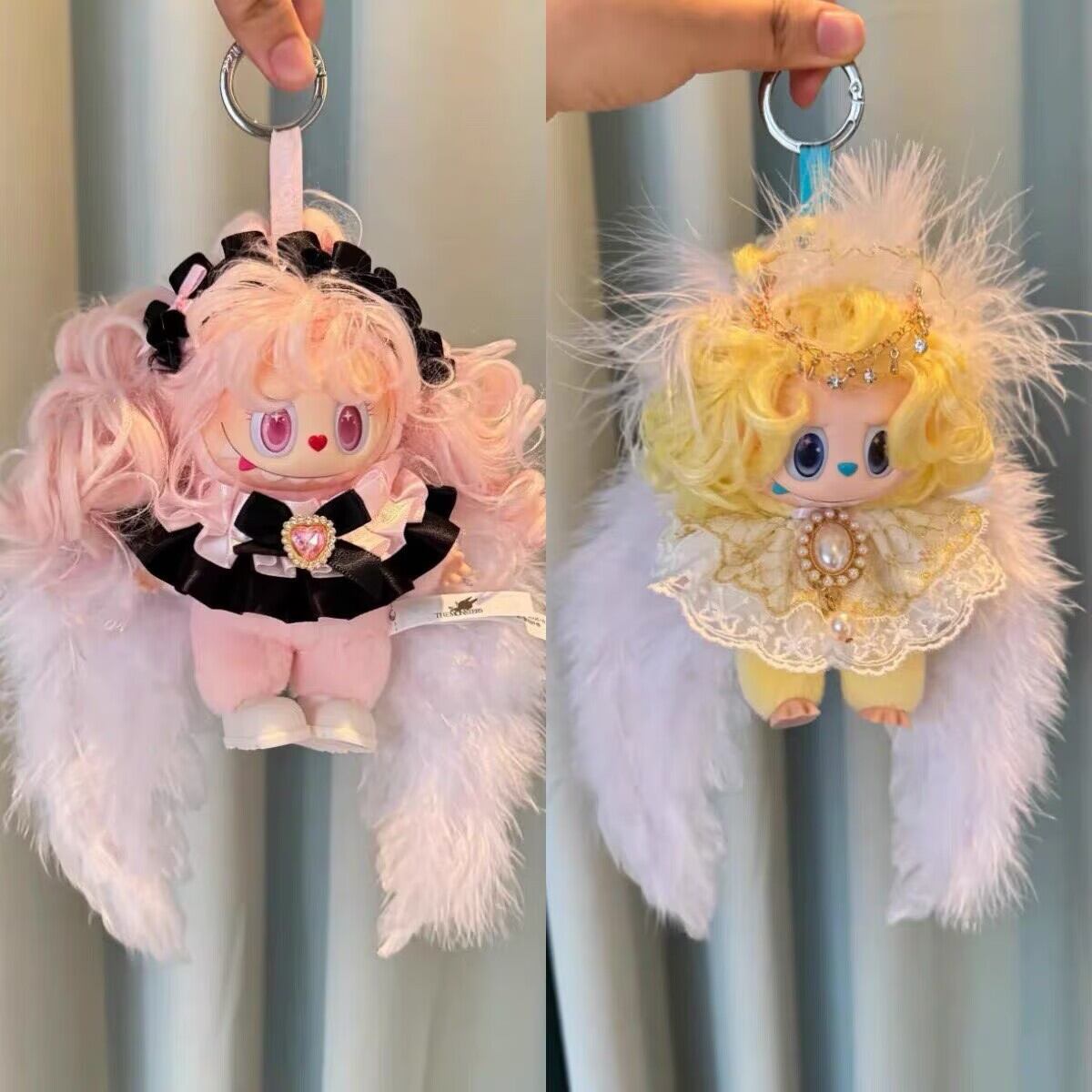 Labubu 1-3世代用 天使 パール装飾ワンピース+ヘッドドレス+フェザー