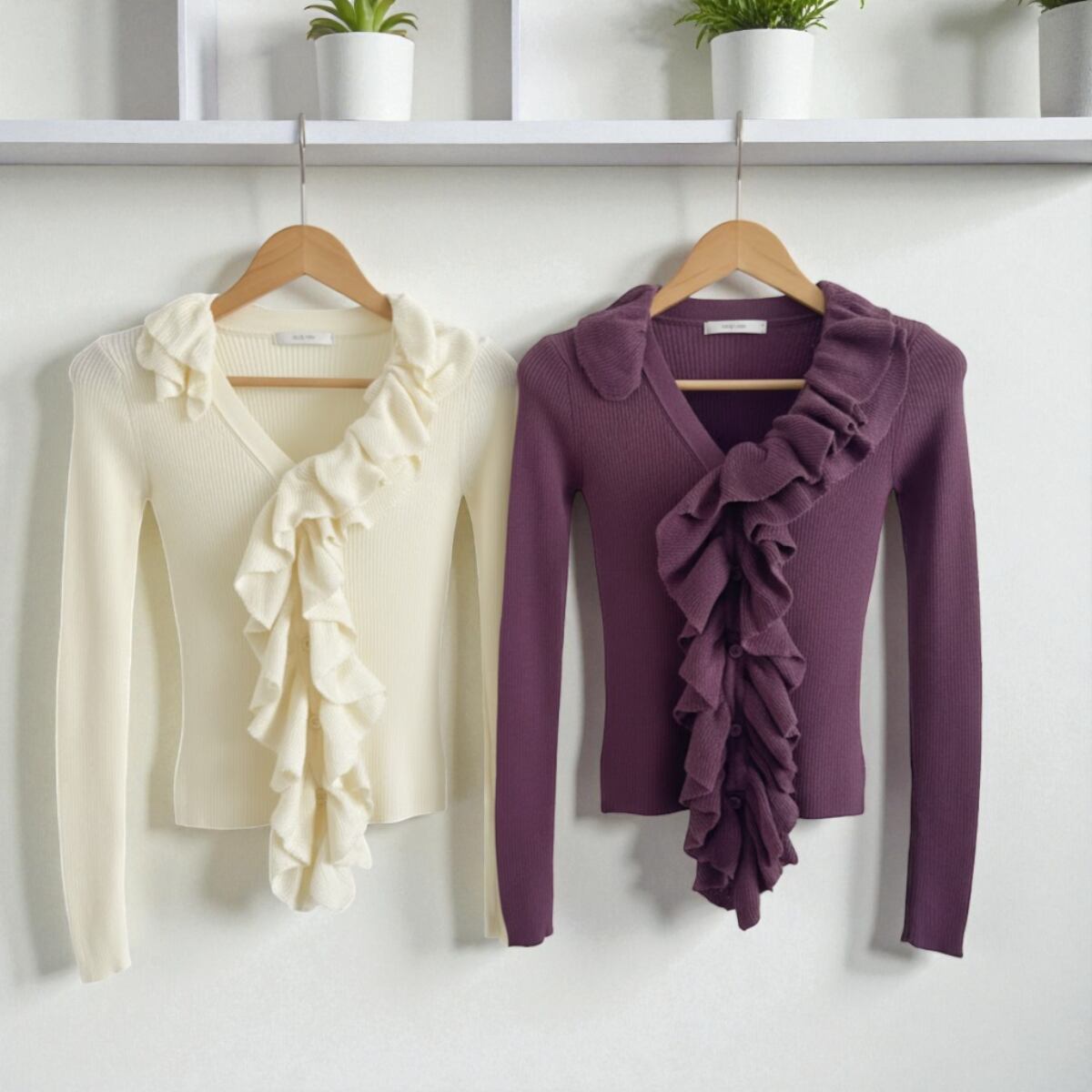 <2Set>Ruffle V-Neck Rib-Knit+Ruffle V-Neck Rib-Knit ch0171