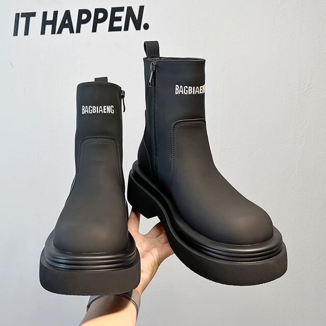 予約販売】ブーツ メンズ ハイカット ゴツ底 厚底 艶消し ワンポイント