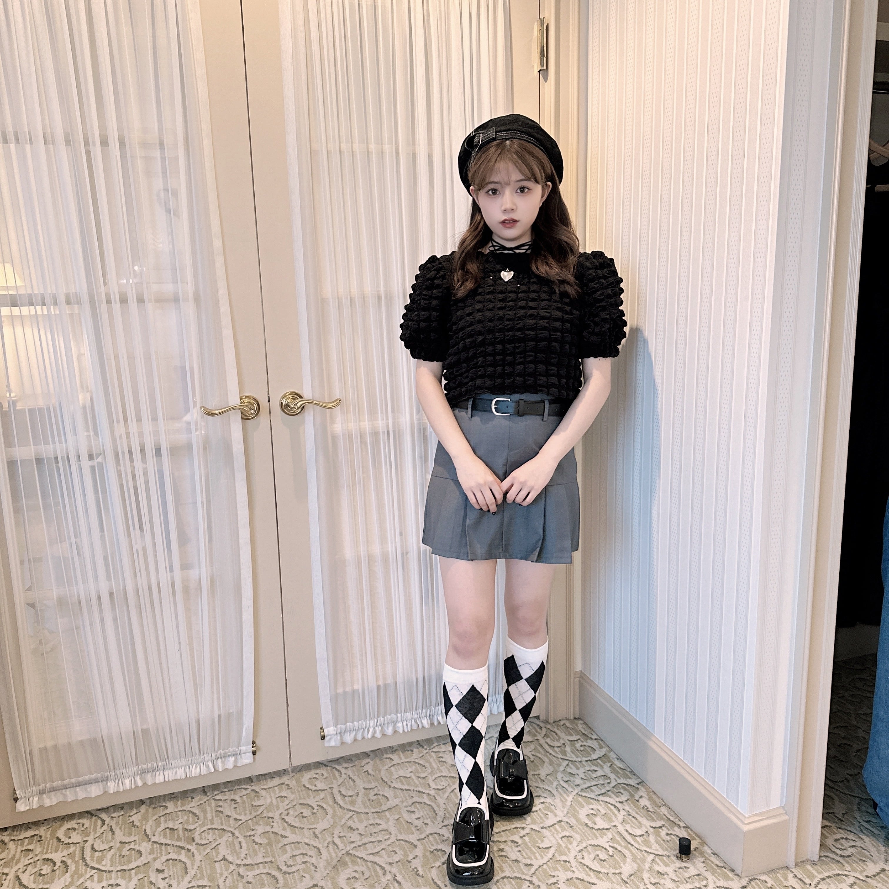 【LAST3】tuck pleats belt skirt-brown