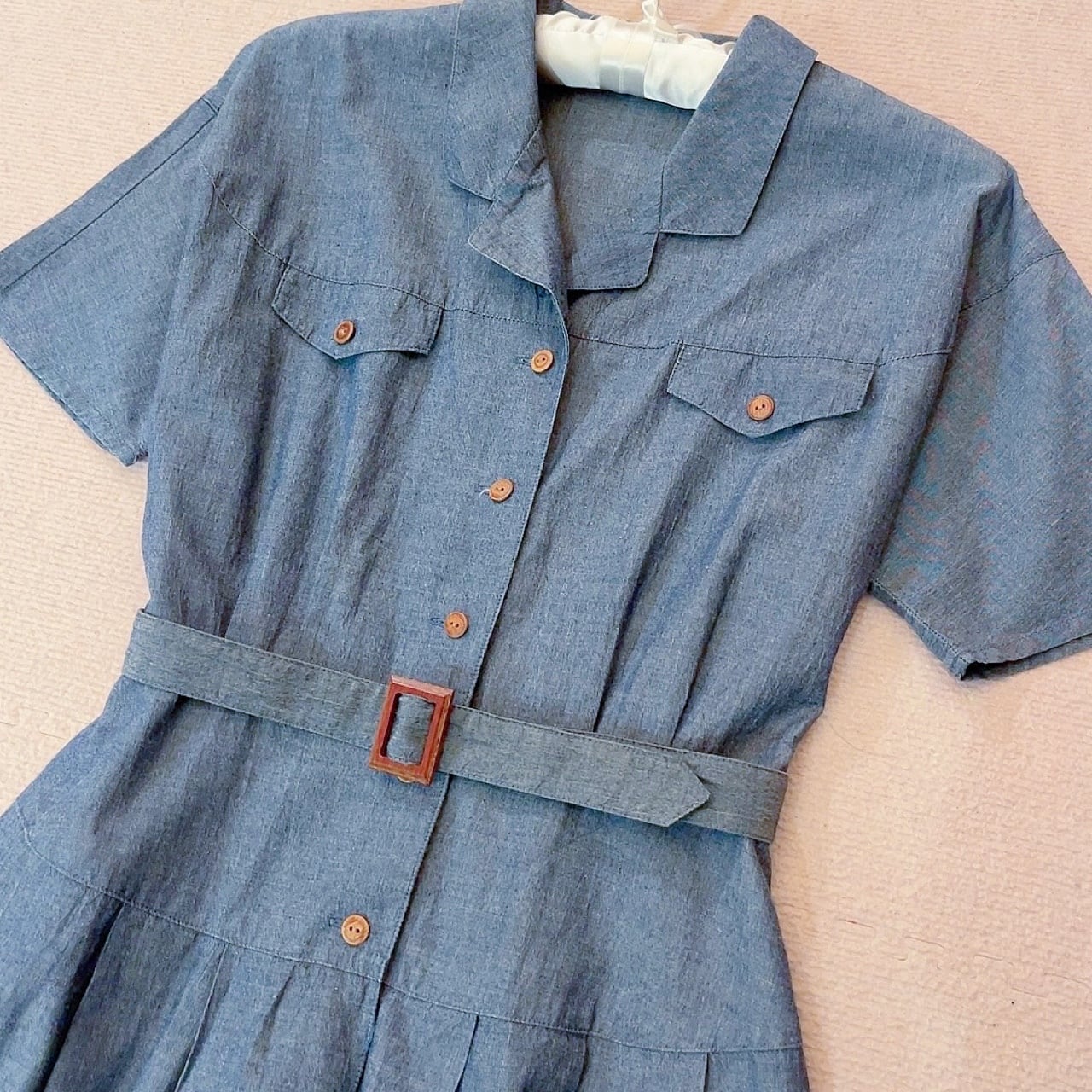 chambray open collar one-piece