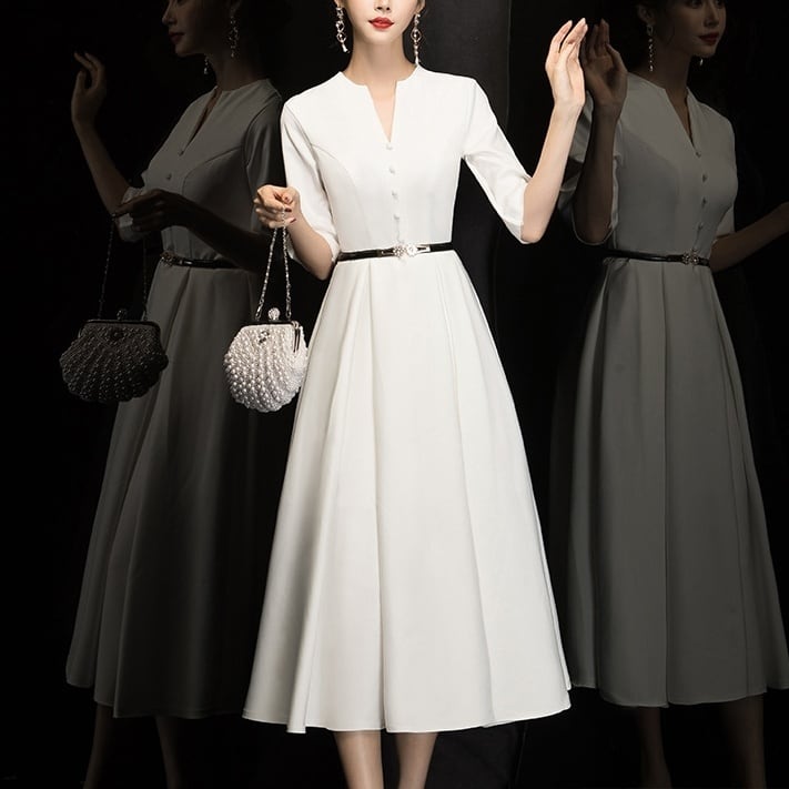 2色 パーティドレス フォーマル ボタン Aライン 5分袖 4パターン(M9320)ζ