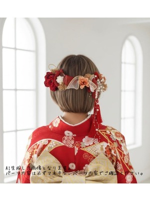 【椿リボン髪飾り】成人式　卒業式 ボブ　ショート　ハーフアップにぴったりな和モダンデザイン k-0152