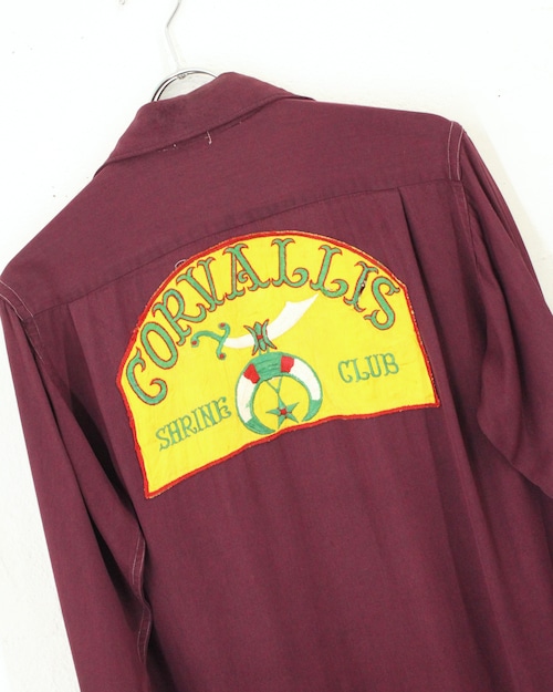 50s Manville Sportwear Open Collar Rayon Gabardine Shirt "SHRINE CLUB"