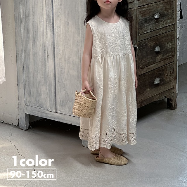 《取寄》 フラワーレース刺繍ノースリーブワンピース Bobi 2024夏 韓国子供服 花柄 刺繍 スカート ホワイト レース ドレス 女の子