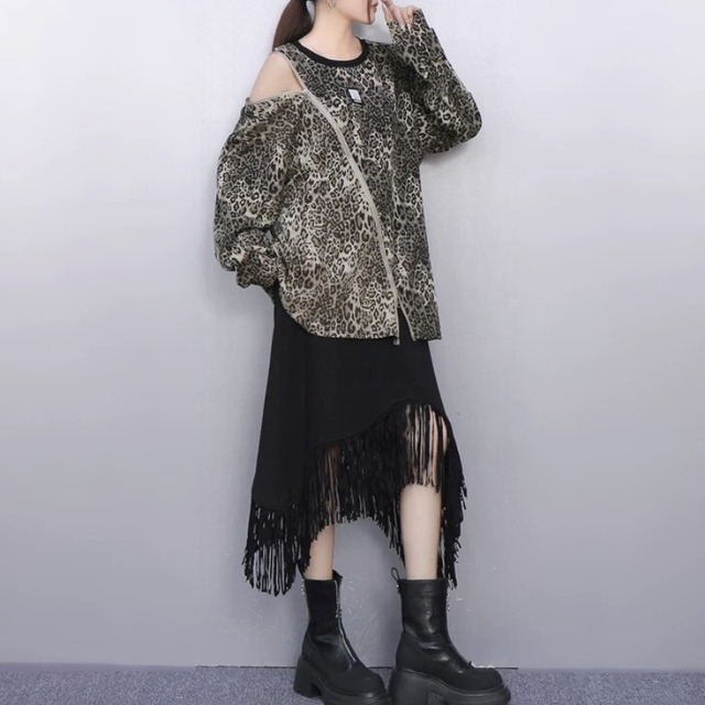 Diagonal zip leopard pullover【2color】 C1335