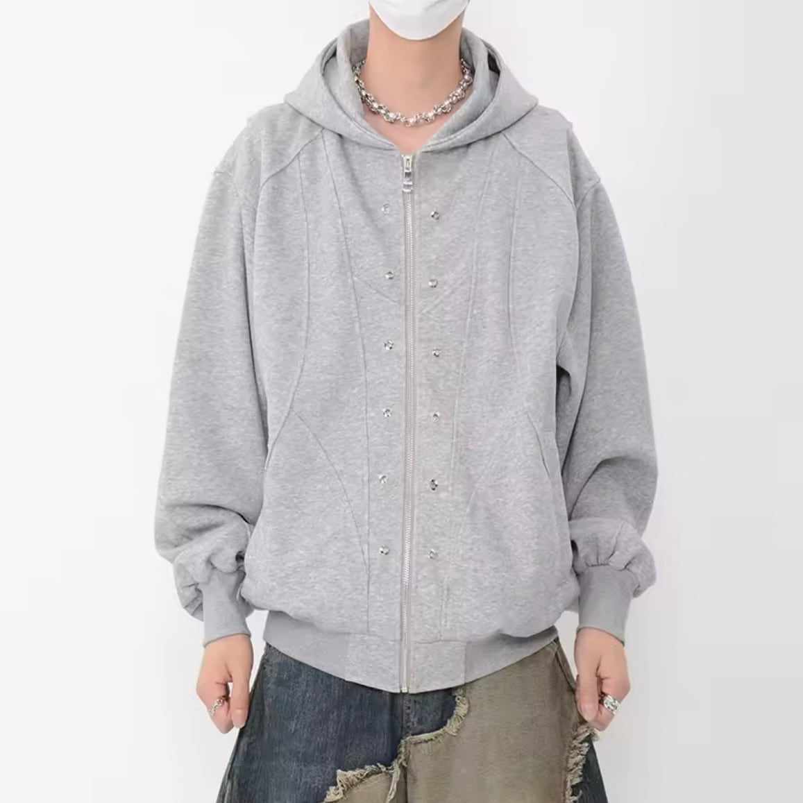 bastard グレー ジップパーカー BASTARD Punk Print Patch Washed Hoodie Zip-Up on Bunjang Global Site.
