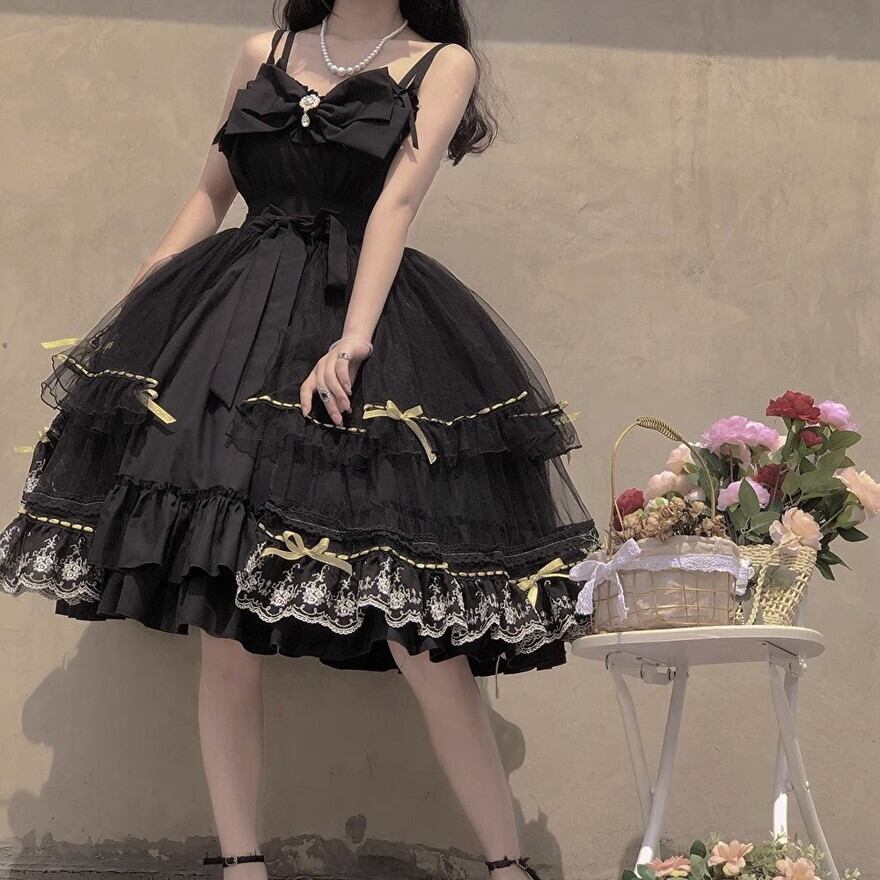 サブカル 服 地雷系 通販 ジャンパースカート リボン ハイウエスト エレガント ゴシック ガーリー 甘め ロマンティック ゆめかわ