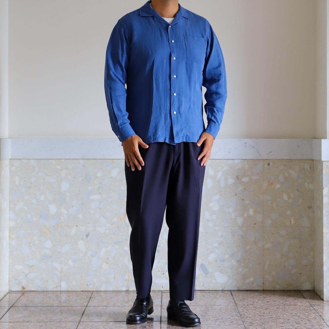 極美品】90s Ralph Lauren special linen silk open collar shirt big
