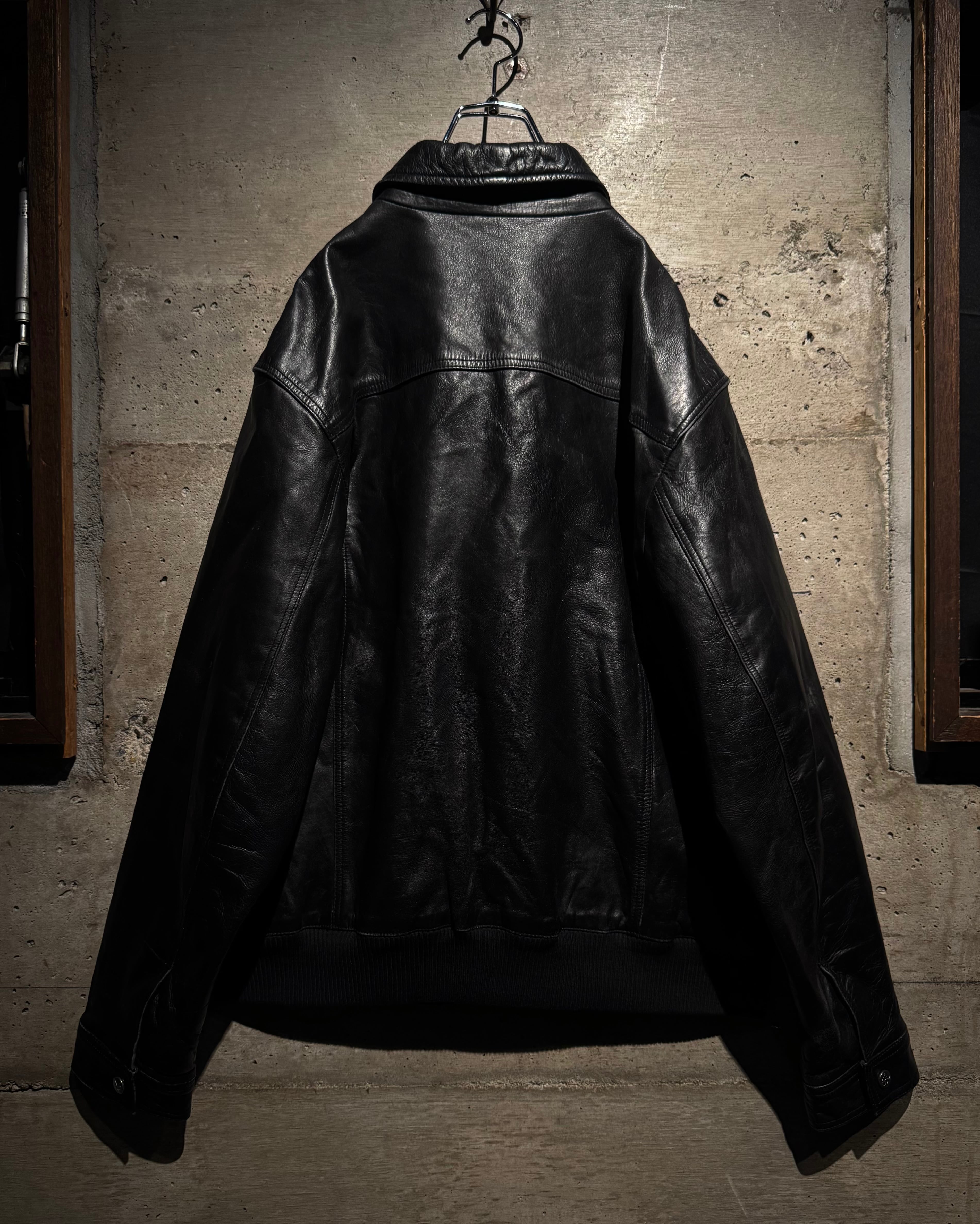 Caka】90's “Calvin Klein Jeans” Black Leather Zip-Up Jacket | Caka