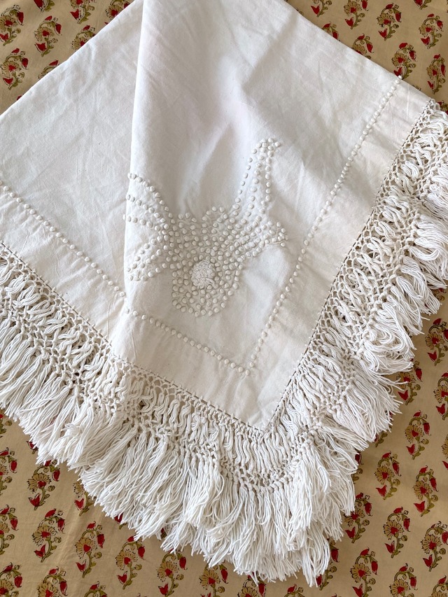 ヴィンテージ 生成り コットン フリンジ ドット 刺繍 テーブルクロス