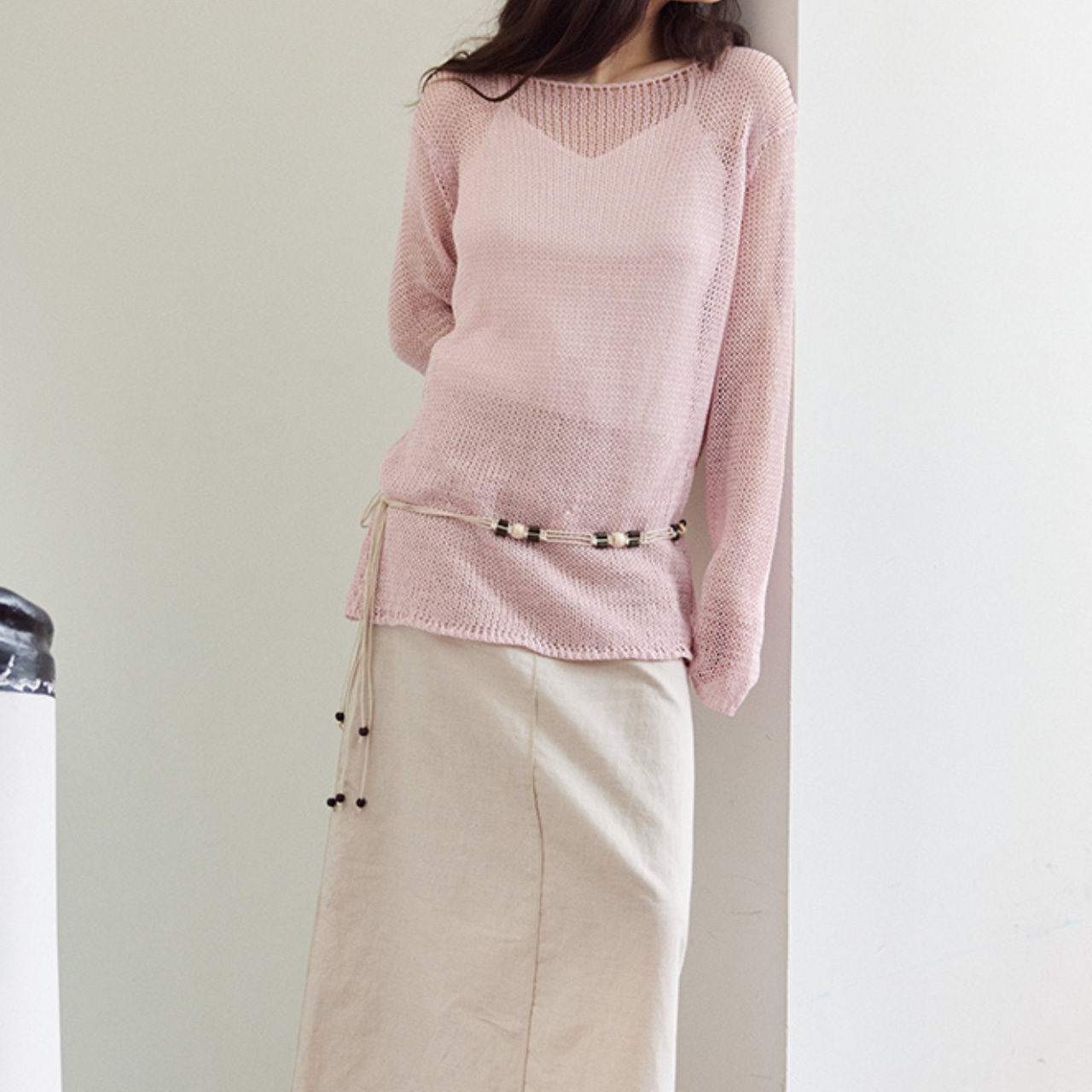 Openwork Boat Neck Long Sleeve Knit T3431