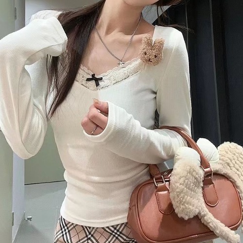 2色/レースVネックリボントップス ・78616