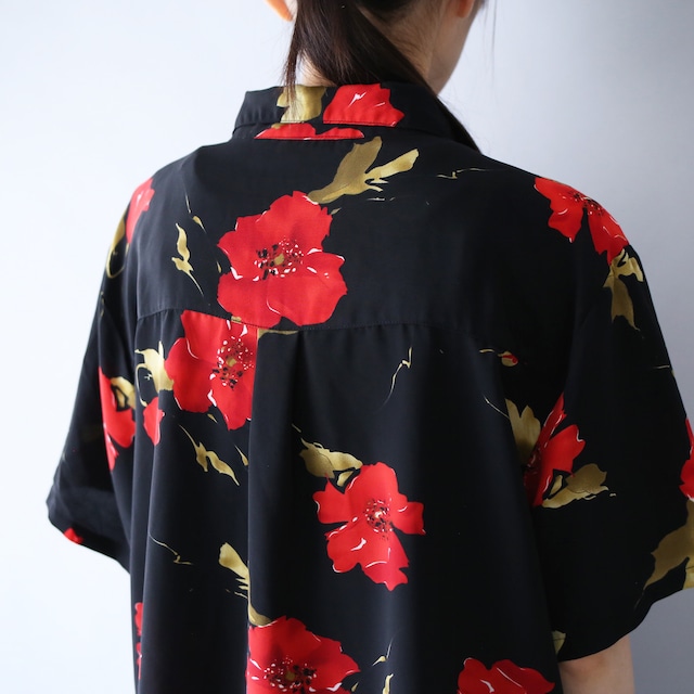 "花柄" black base red flower mode h/s shirt