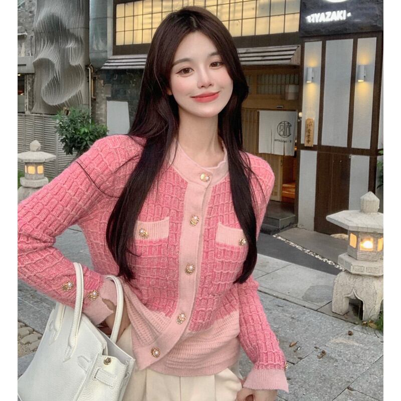 スタンダードセーター ニットカーディガンジャケット オータムクロップドトップス ピンク レトロ 大人ガーリー スウィート キュート カジュアル 秋物 ガールズファッション93940341392