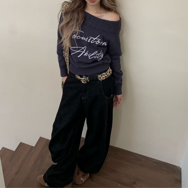 レタリングオフショルダーニットトップス 2col   R01306