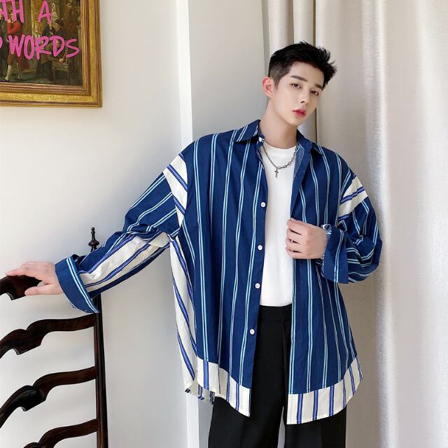 【予約販売】シャツ 長袖 メンズ ストライプ柄 総柄 ブルー バイカラー カジュアル こなれ感 お洒落 韓国 トレンド 春 夏 秋M/L/XL