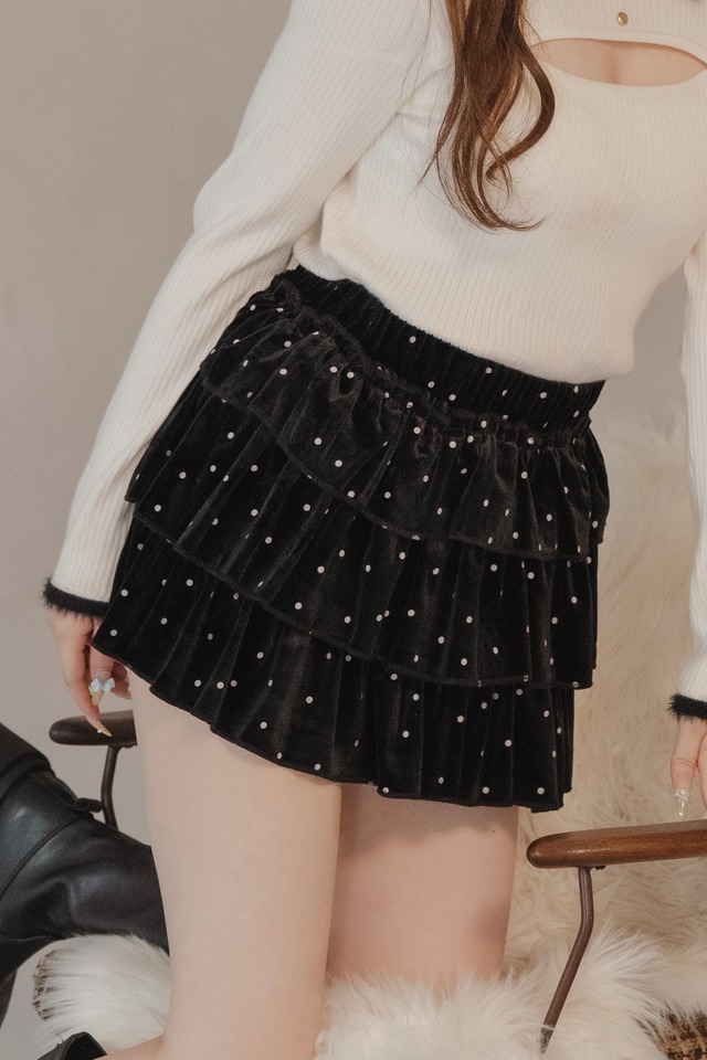 Dot velour frill skirt