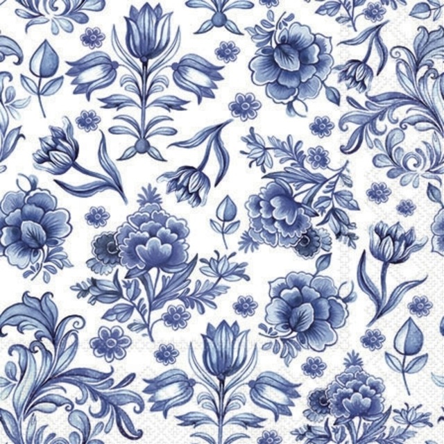 2024春夏【Ambiente】バラ売り2枚 カクテルサイズ ペーパーナプキン Delft Blue flowers ホワイト