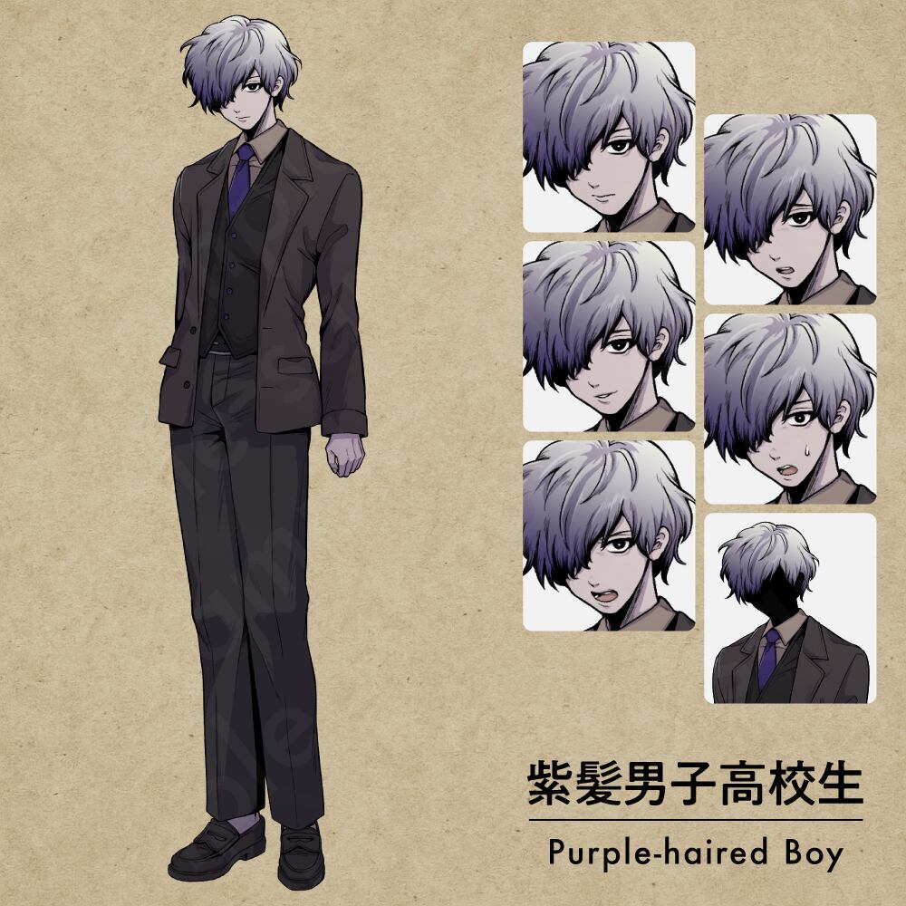 ペン画立ち絵素材】ミステリアスな紫髪の男子高校生・ブレザー制服