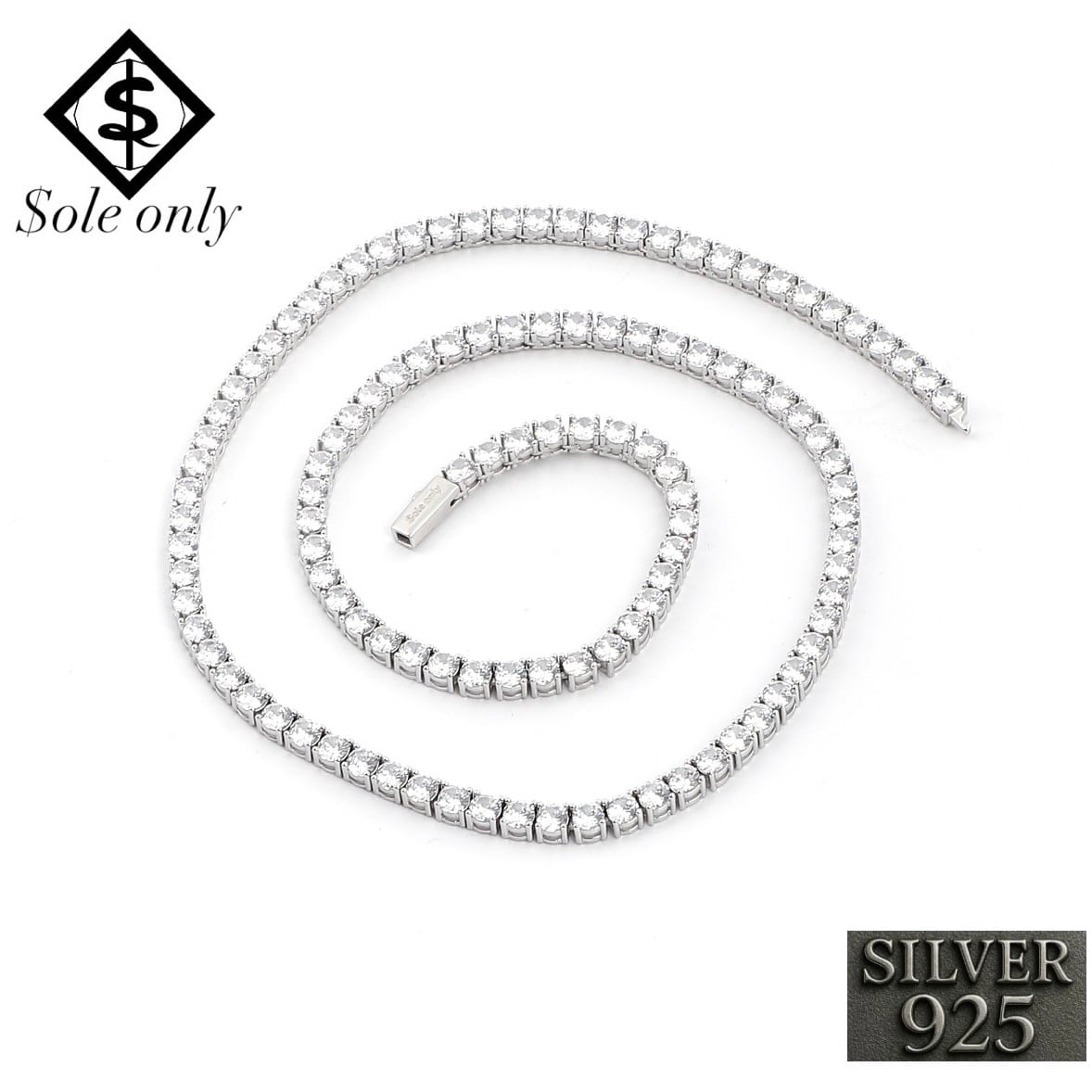 ole only S925 Silver CZ Diamond Tennis Chain Necklace 24inch 4mm