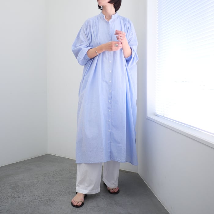 SOIL（ソイル） 80'S COTTON VOILE STRIPE BANDED COLLAR GATHER SHIRT