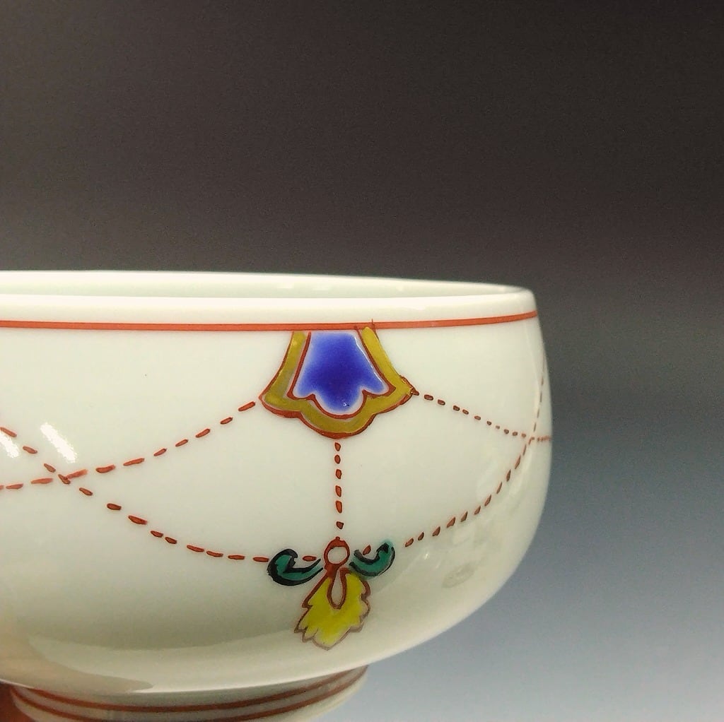 名窯 清水焼｜Kiyomizu ware( 京都 ) 手描き赤絵 瓔珞文 蓋茶碗 / 湯