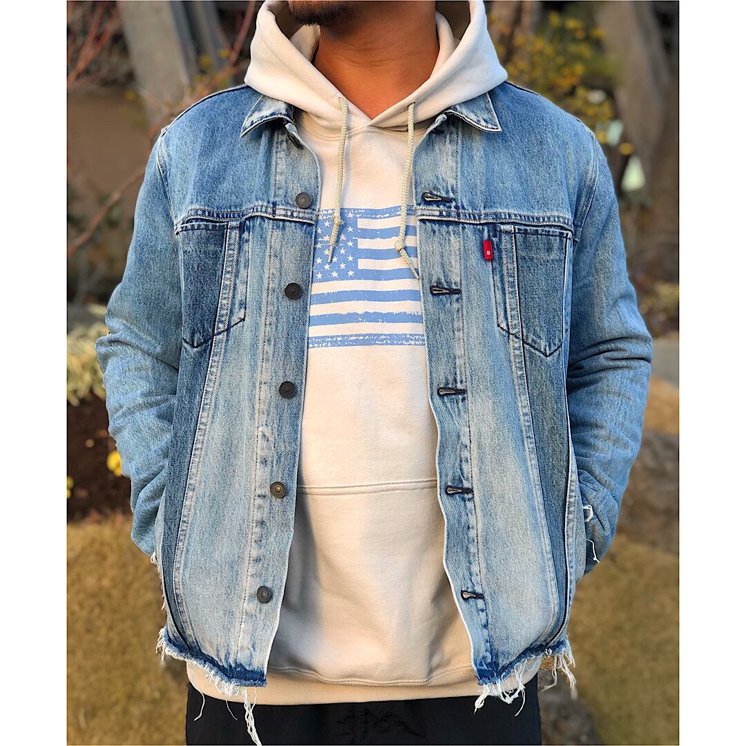 denim color USA flag hoodie(ベージュ)