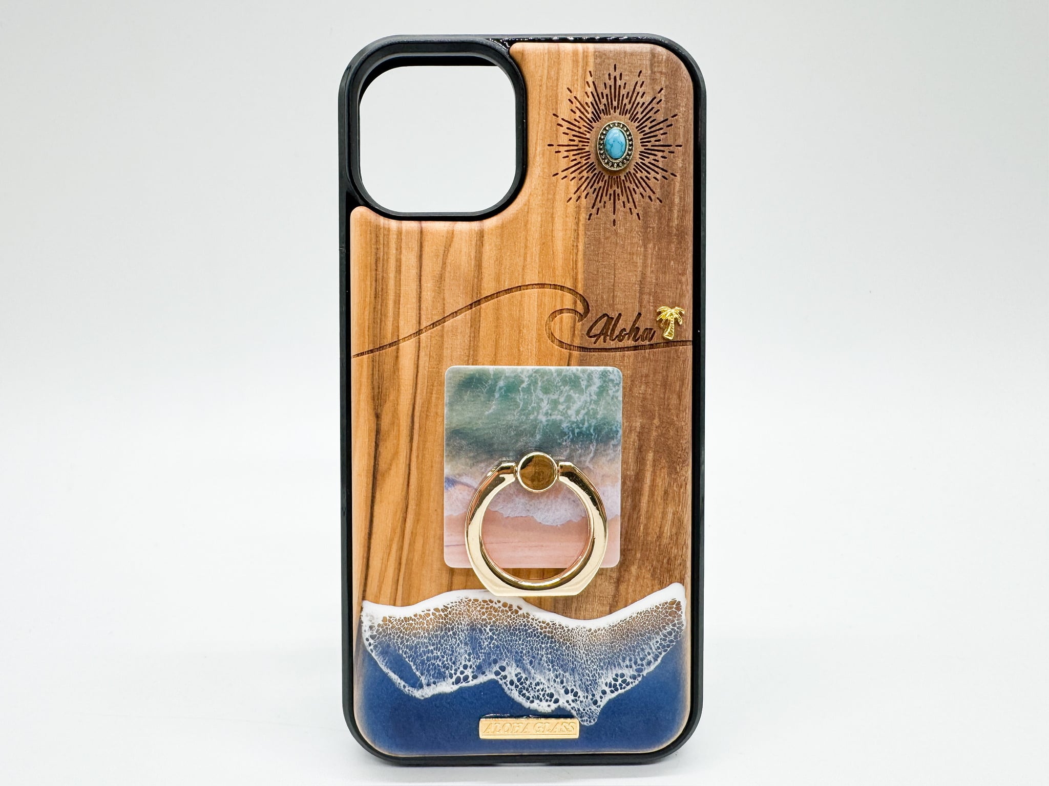 Sun&wave ring/wood×resin denim blue wave case(olive wood)