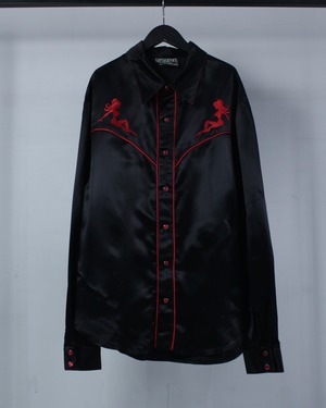 【Caka BLACK】90's "LIP SERVICE" Embroidery Design Vintage Satin Western Shirt