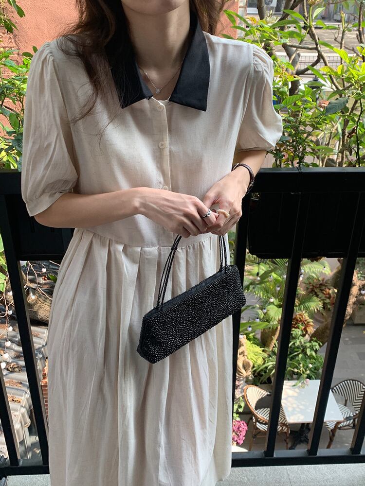 スリーブカラープリーツドレス サマー薄手Aラインハイウェストロングスカート 夏物 ビッグFスモールZ韓国6168450166