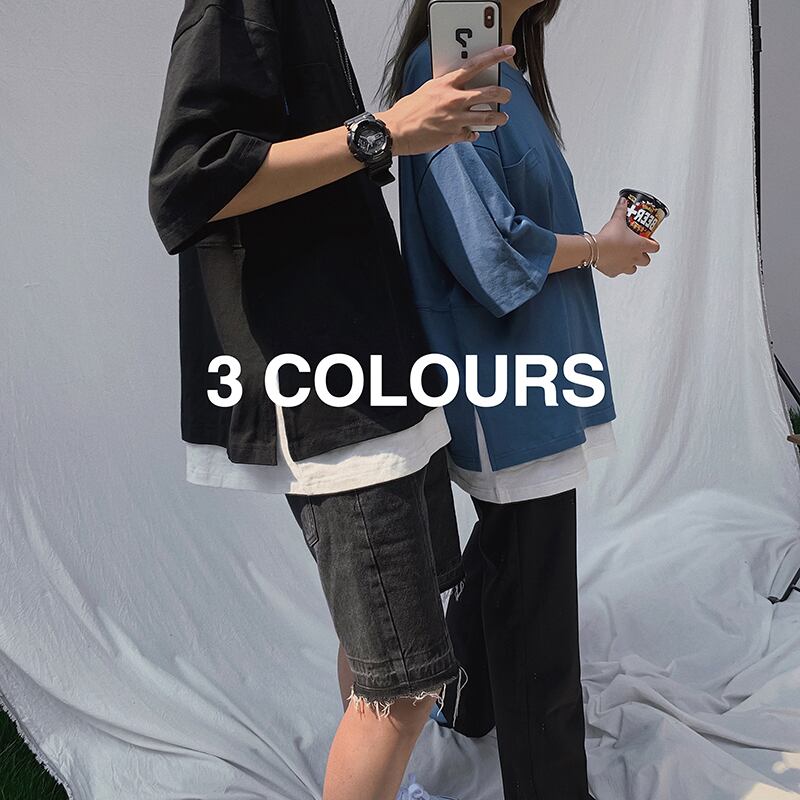 全2色 Tシャツ カットソー 無地 カジュアル 重ね着風 おしゃれ