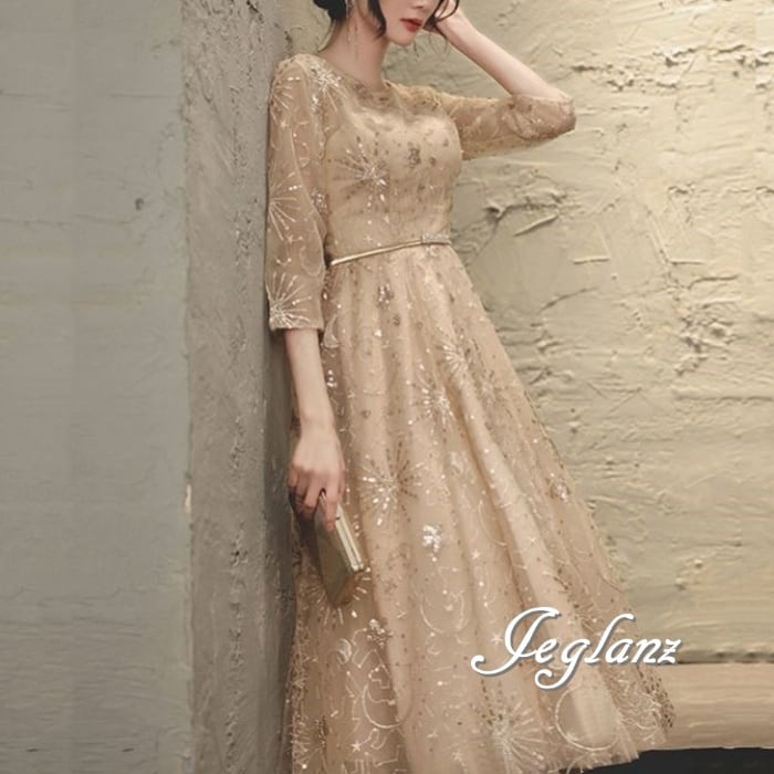 パーティ ドレス ワンピース キラキラ スパンコール 光沢感 7分袖(M8741)ζ