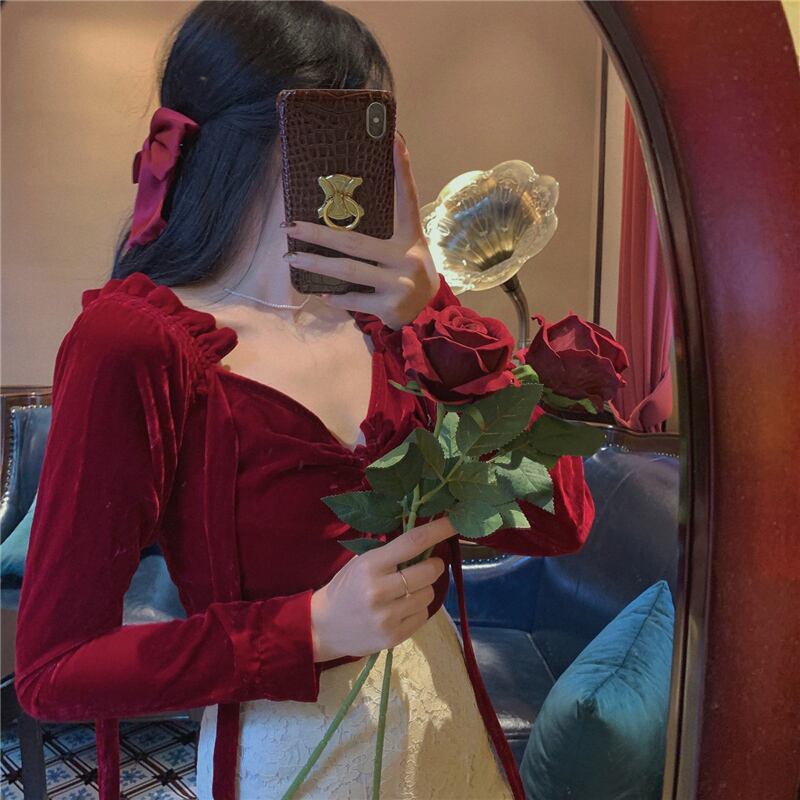 シャツ スタンダードレッドスプリングベルベットトップス ロング レトロ 春物 ブラックストロベリース39624058953