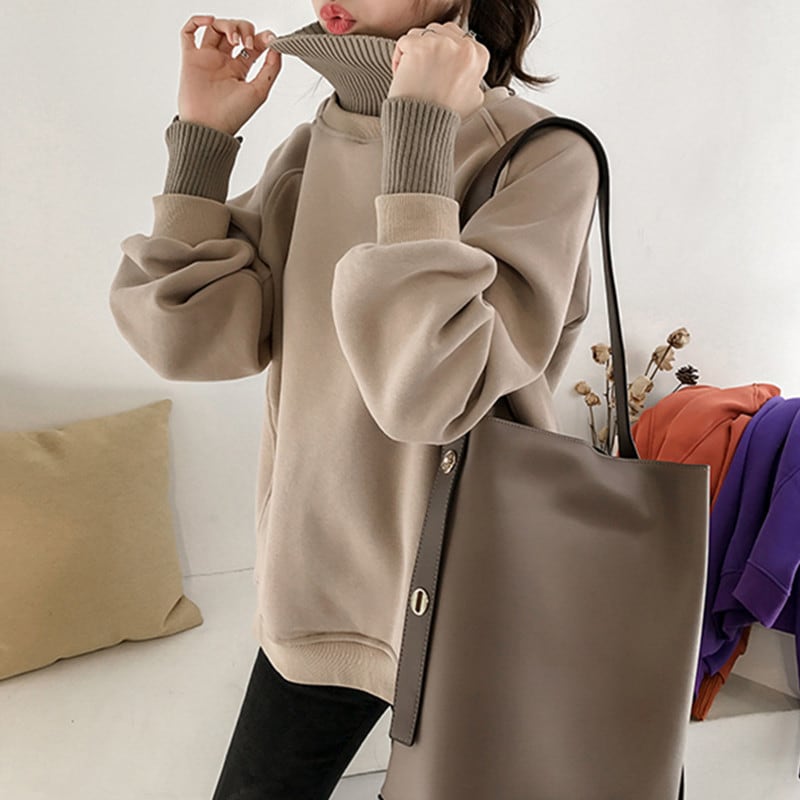 カジュアル 裏起毛 ゆったり リブハイネック トレーナー スウェット