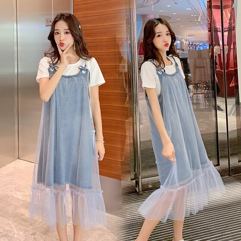 【新作】【送料無料】 マタニティ服無地Tシャツとガーゼパッチワークサスペンダードレスマタニティ2個セット妊婦スーツ ソリッドカラー AL expec372975331718