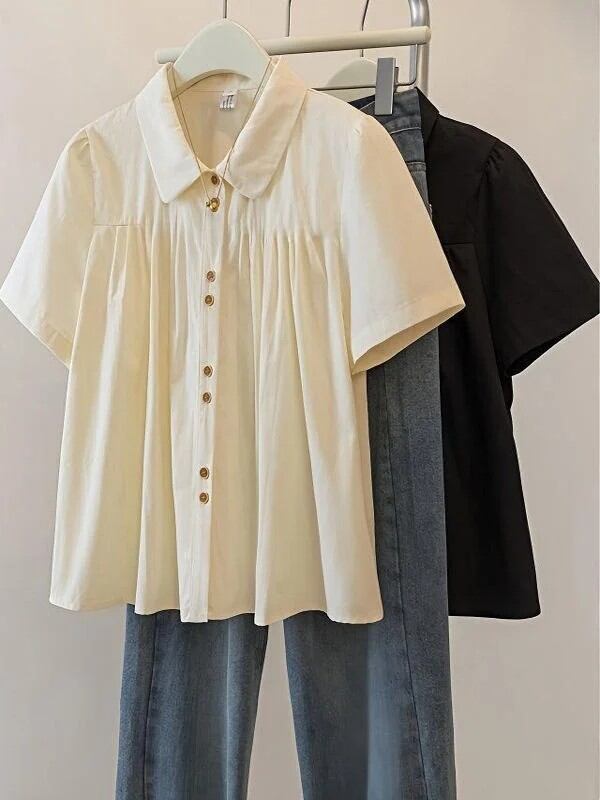 大きいサイズ レディース 半袖シャツ ポロ襟 無地 ルーズフィット 体型カバー 夏