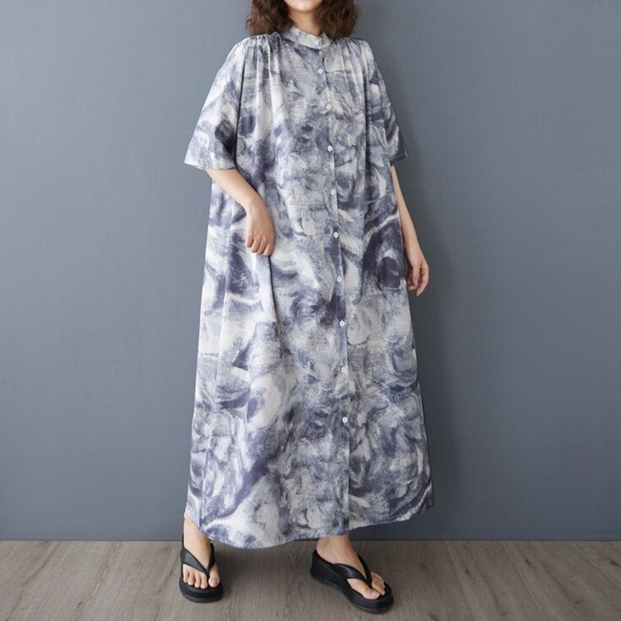 ニュアンス柄 バンドカラー ワンピース  30191