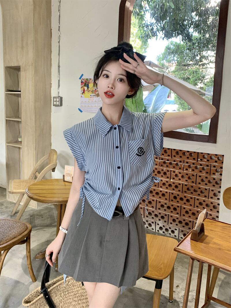 ストライプノースリーブシャツレディース2023年夏新デザイン