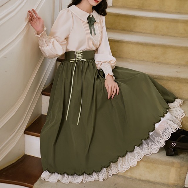 フレンチレトロ♡ブラウス＋レースアップスカートセットアップ　F0626