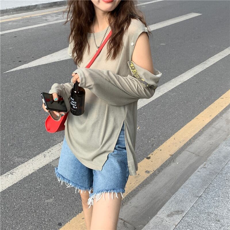 シャツ ルーズTシャツ オータム薄手 ロング 秋物 オフショルダー モンロー11734572271