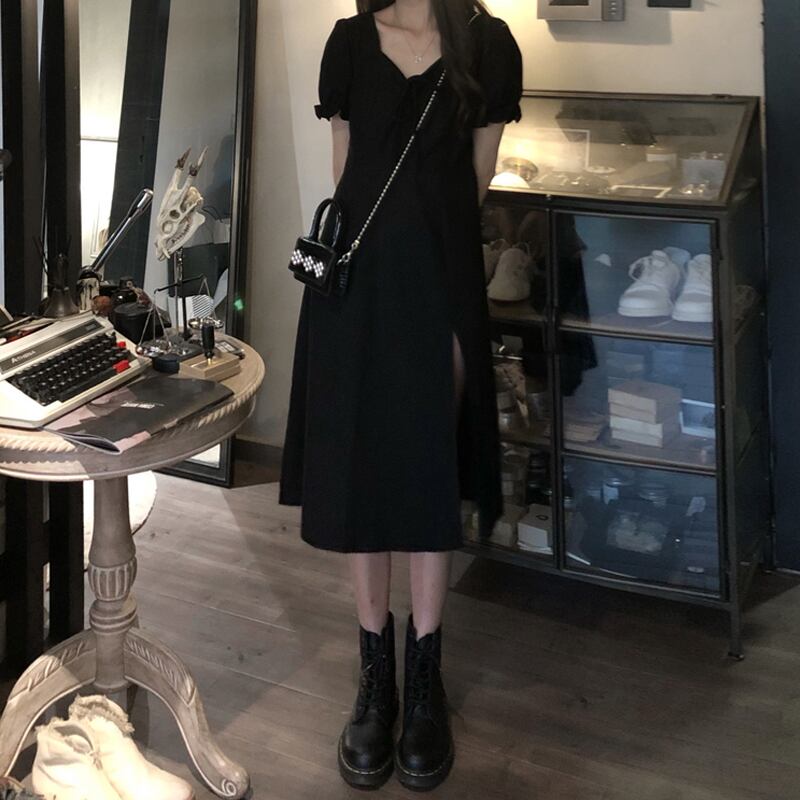 サマースタイルブラックドレス スタンダードロングスカート レトロ 夏物 スーパーモール78455966845