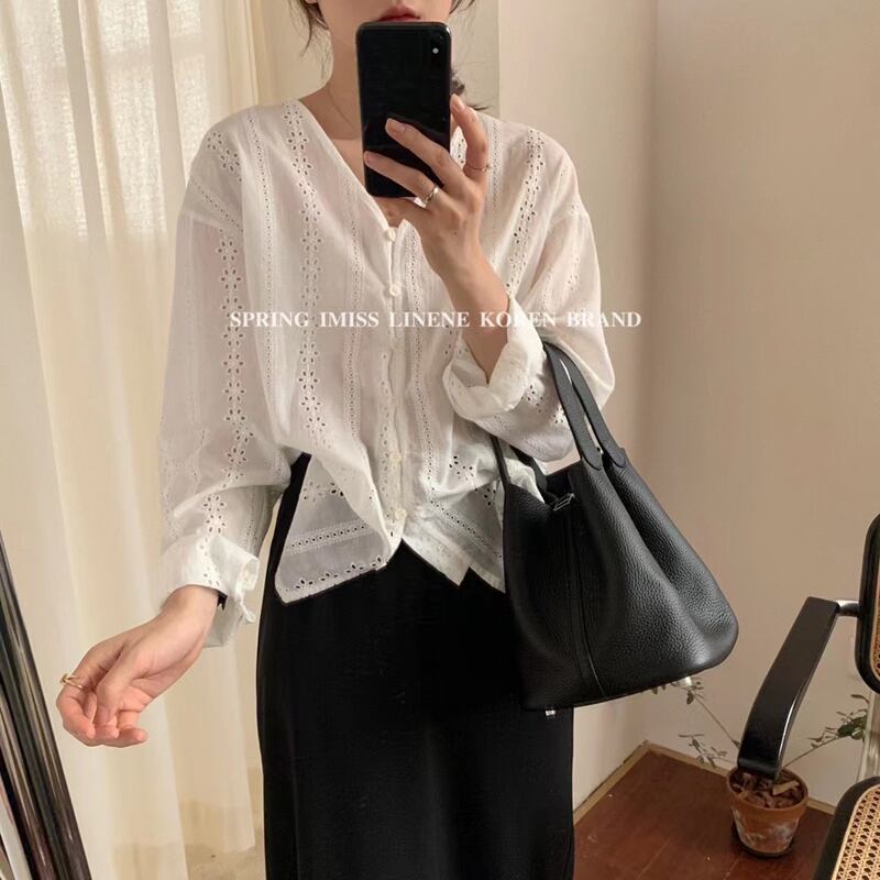 刺繍シャツ Vネックスプリングブラウス レディース ロング 春物 ビッグFスモールZ韓国43360467134