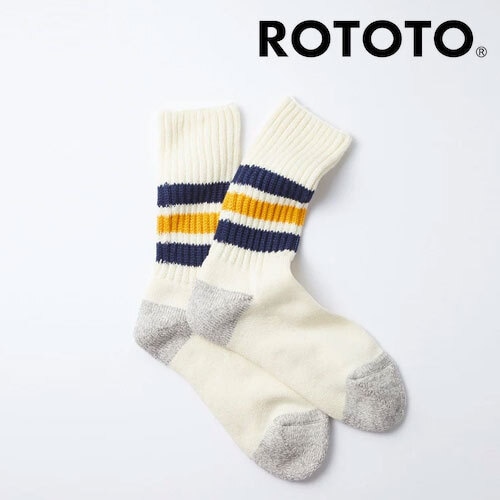 ROTOTO ロトト コースリブ オールドスクール クルーソックス COARSE RIBBED OLDSCHOOL CREW SOCKS R1255 メンズ レディース 靴下 日本製 ラインソックス Navy/Yellow