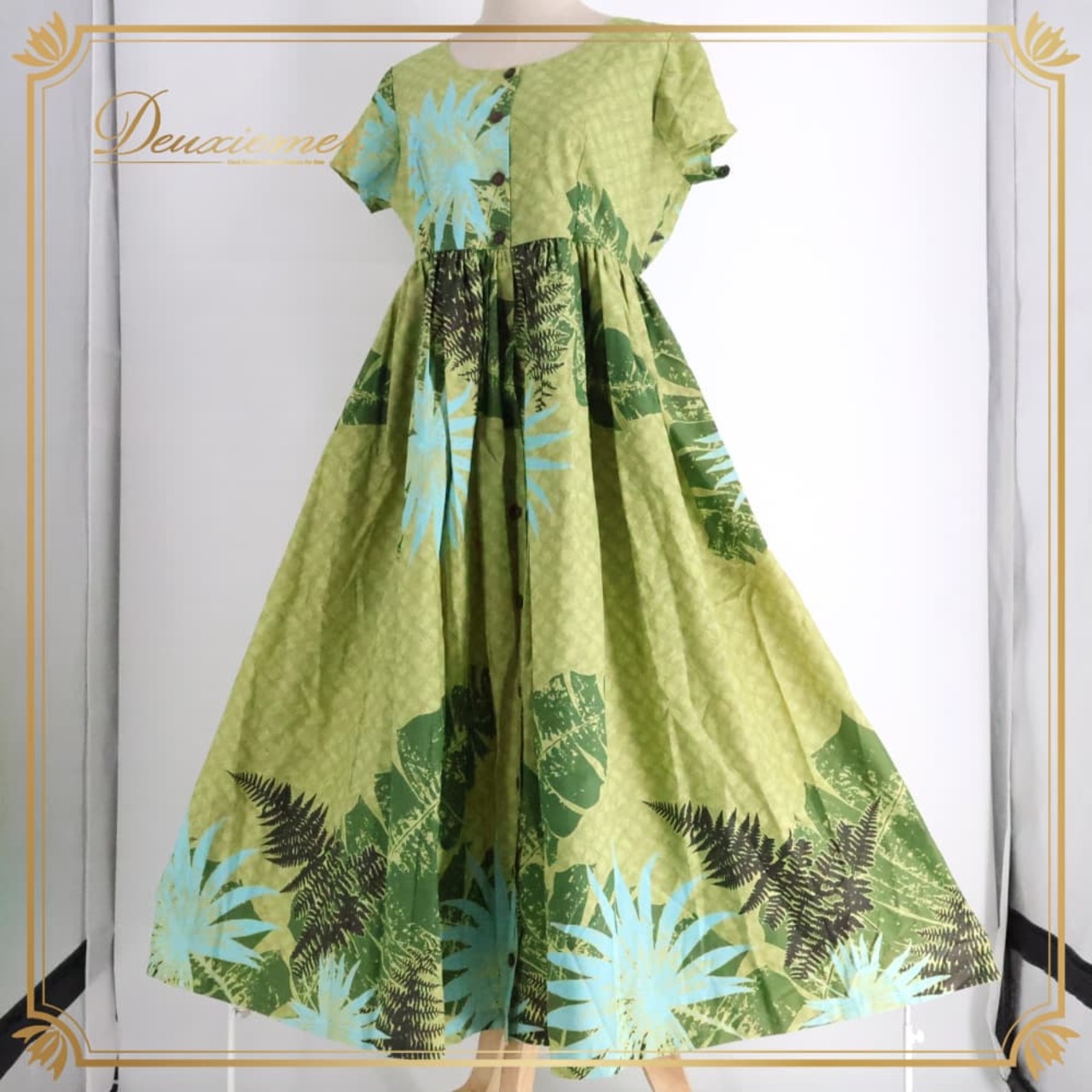 フラダンス 衣装 Maluhia ワンピース ドレス グリーン系 ハワイ製 パラパライ柄 かわいい 華やか 鮮やか 明るい 爽やか 緑 水色 黒 ハワイアン アロハ ハワイアンプリント フラ ダンス レッスン 練習 ブルー系 ブラック系 ホワイト系