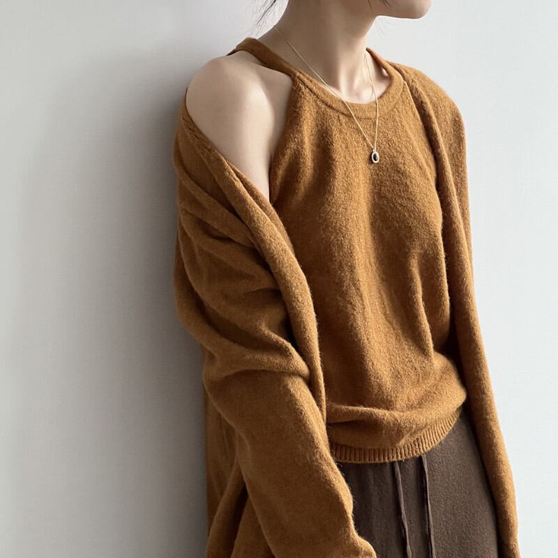 halter neck knit camisole & short cardigan setup m0438