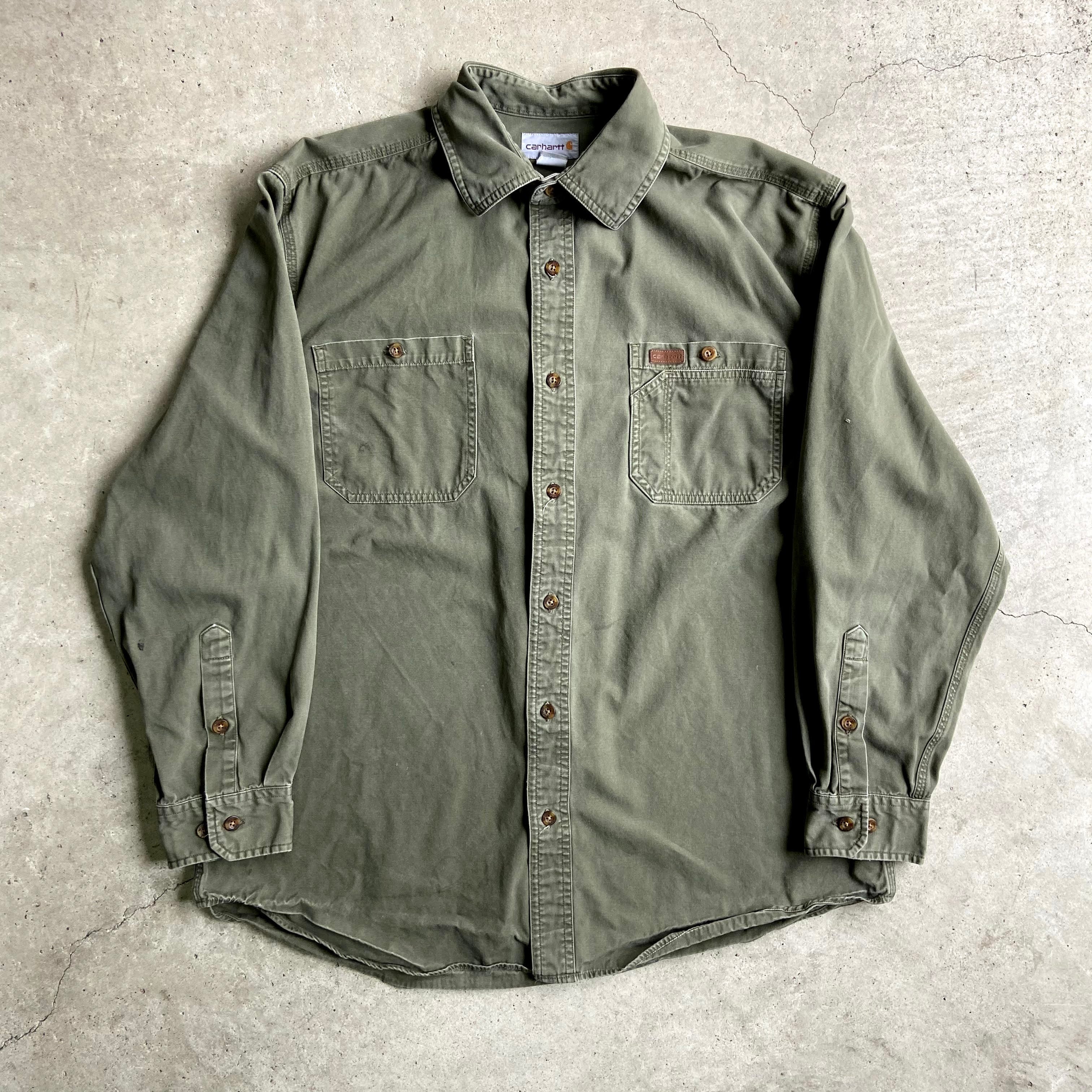 Carhartt カーハート　BDシャツ　オリーブグリーン　革ロゴ　2XL